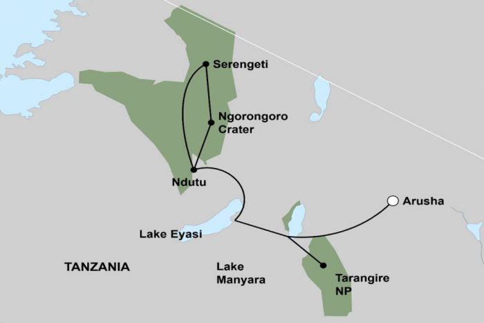 Reismap overzicht TANZANIA WILDLIFE & CULTURAL” LODGE GROEPSSAFARI
