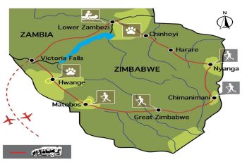 Map overzicht rondreis Zimbabwe en Zambia